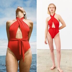 NWT Mara Hoffman One Piece Swimsuit Halter Cut Out Red Bikini SPF XS x-small